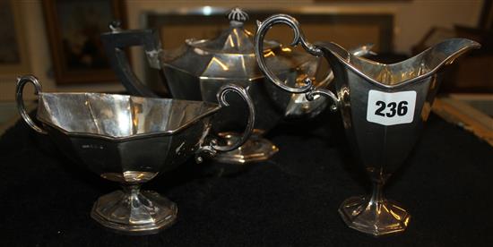 George V silver octagonal faceted three piece tea set